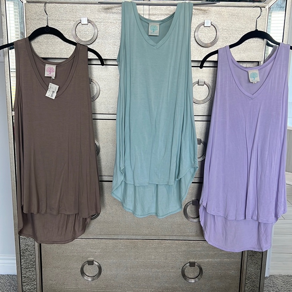 Same shirt in brown, seafoam green and lavender